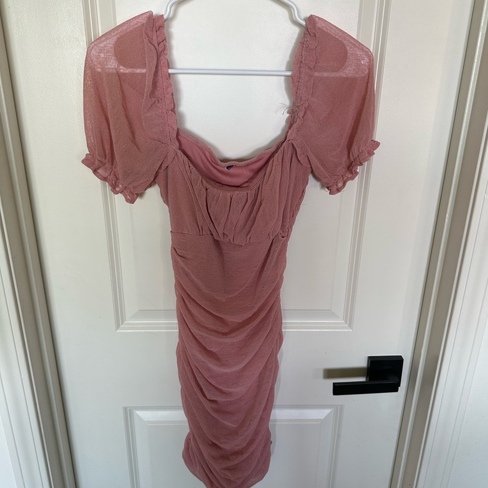 Baby Pink Ruched Mini Dress Off Shoulder